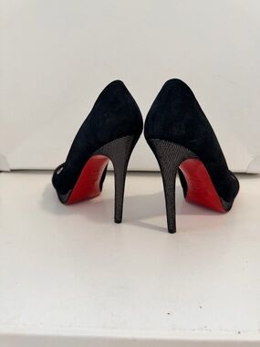 Christian Louboutin Black Suede Pumps with Red Soles and Sparkle Heels